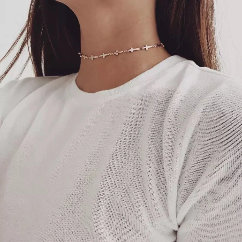 "Always & Forever" Cross Choker Silver Gold Trendy Christian Faith Cute Necklace - Picture 2 of 6